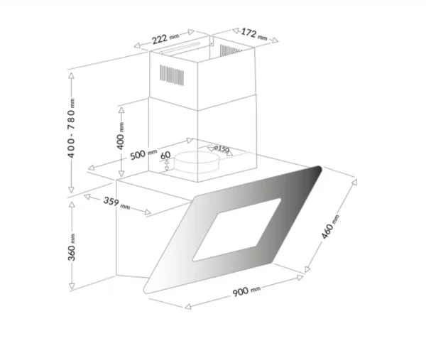 AMICA - AH4419 - Hotte decorative murale - 464 m3/h - ELECTRO PO - Vue avec dimensions