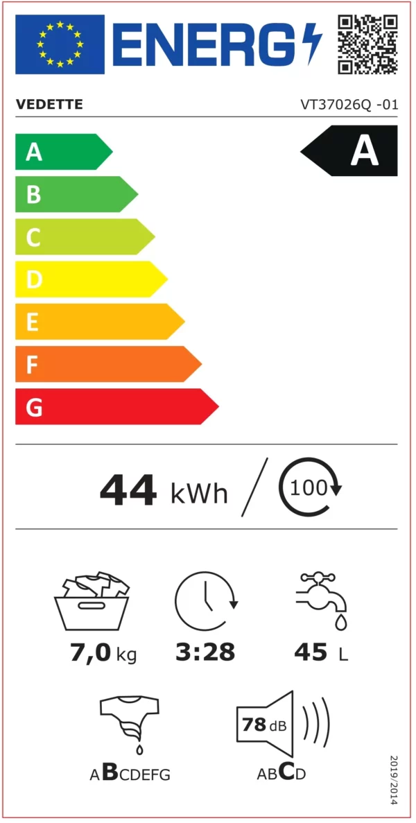 VEDETTE - VT37026Q - Lave-linge top - 7 kg - ELECTRO PO - Étiquette énergétique