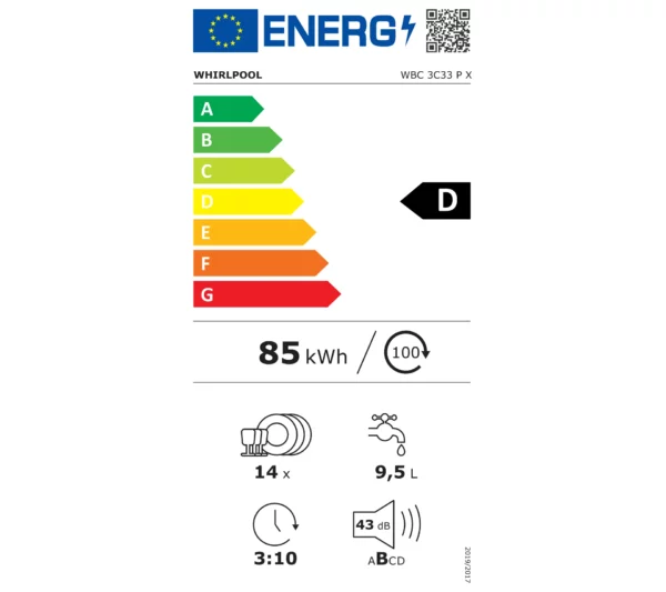 WHIRLPOOL - WBC3C33PX - Lave-vaisselle encastrable - 14 couverts - ELECTRO PO - Étiquette énergétique