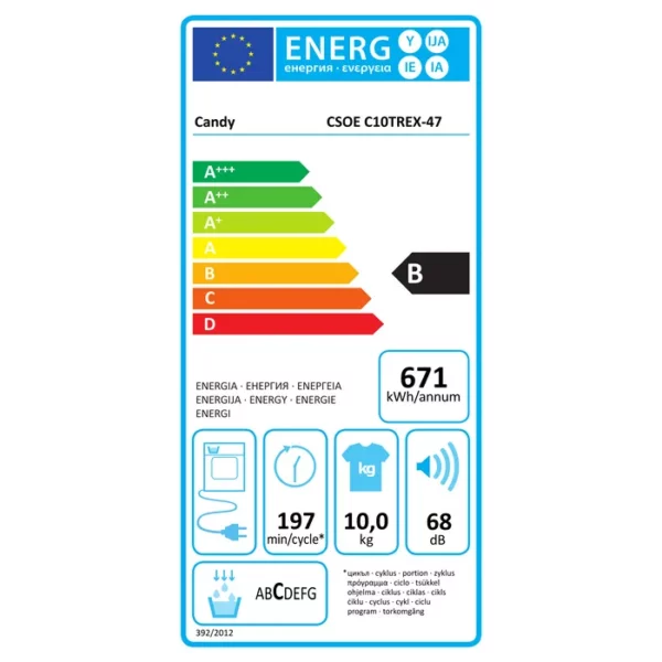 CANDY - CSOEC10TREX-47 - Sèche-linge à condensation 10 kg - Classe: B - Disponible chez Electro PO - Étiquette énergétique