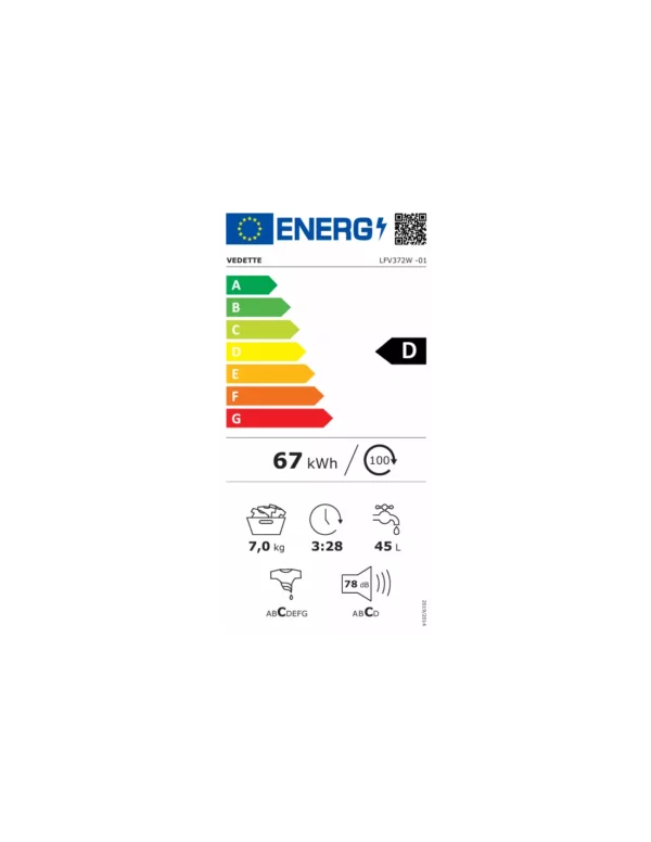 VEDETTE - LFV372W - Lave-linge frontal - 7 kg - Classe: D - Étiquette énergétique - Disponible chez Electro PO