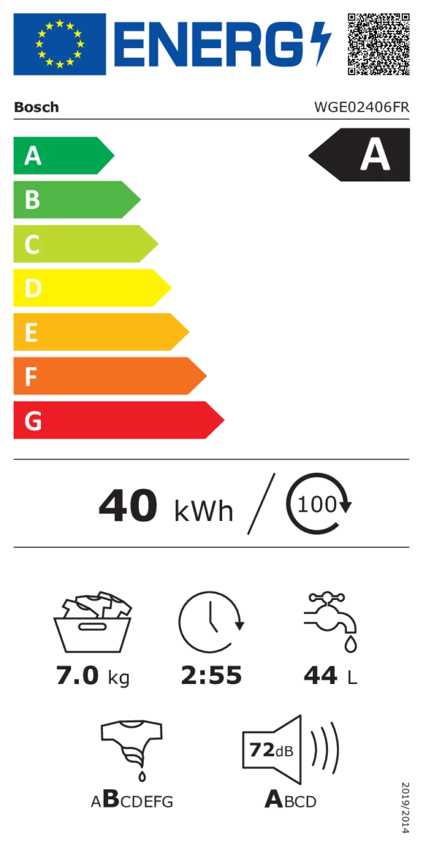 BOSCH - WGE02406FR - Lave-linge frontal - 7 kg - Étiquette énergétique - Disponible chez Electro PO